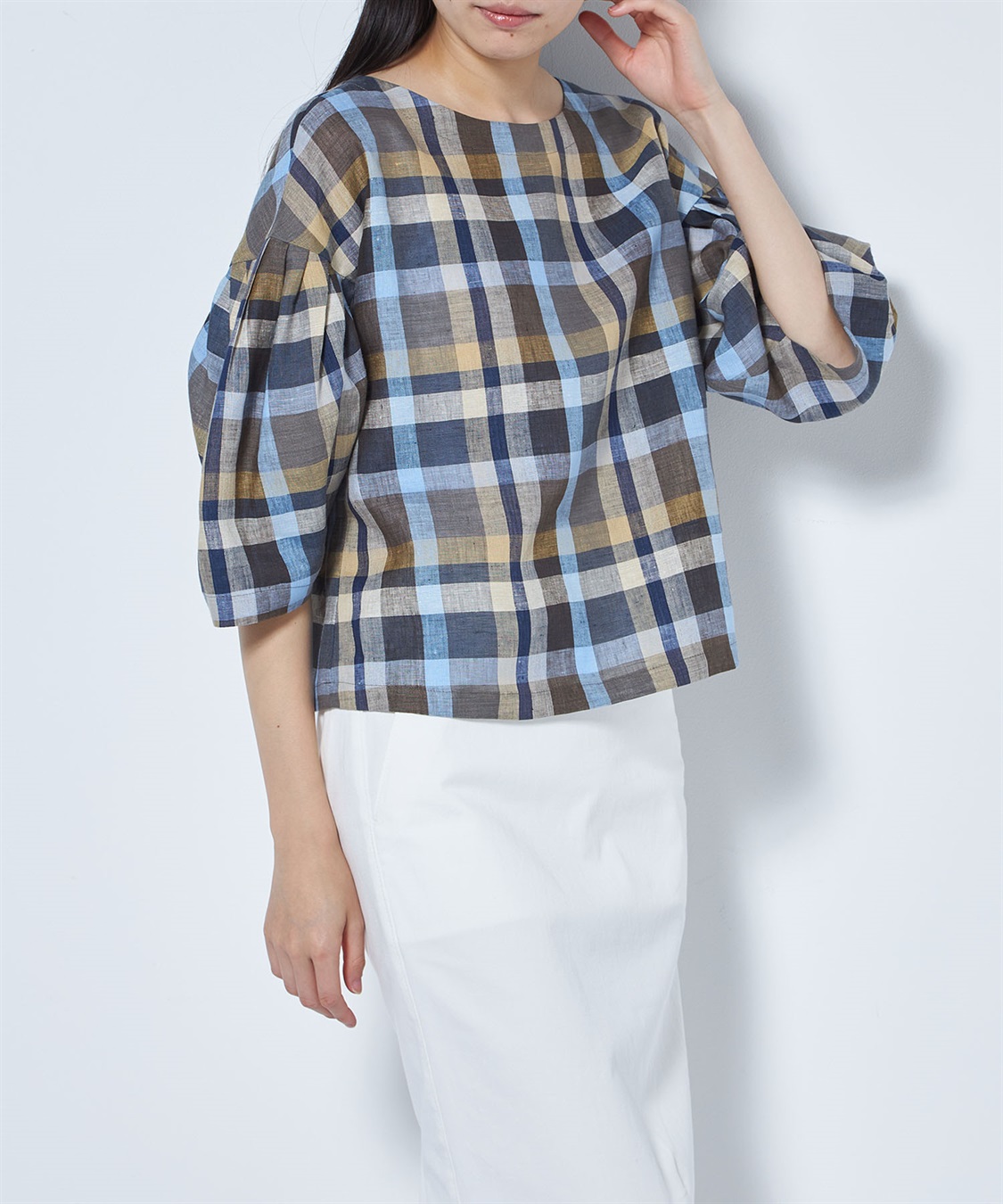 未使用品 ジュンコシマダ junko shimada 49AV リネンブラウス マドラスチェック リネンブラウス 49AV JUNKO SHIMADA｜クロス