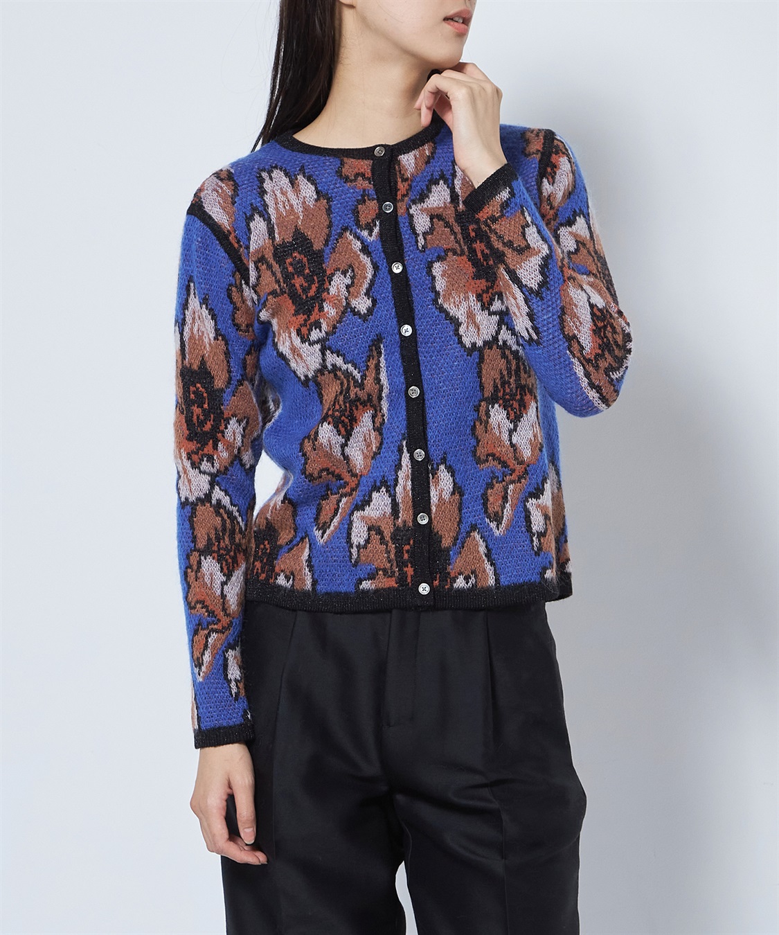 美品　NEVERMIND 和柄つなぎ　カーキ TIME SALE】フラワー柄ニットカーディガン 49AV JUNKO SHIMADA