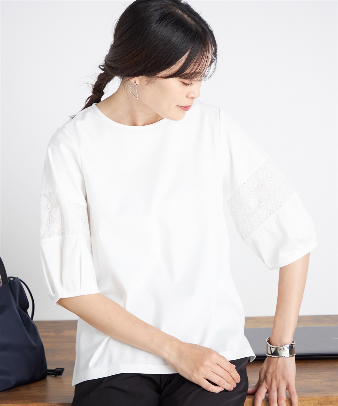 【接触冷感UVカット】レーススリーブカットソー DRESSTERIOR｜【接触冷感/UVカット】レーススリーブカットソー