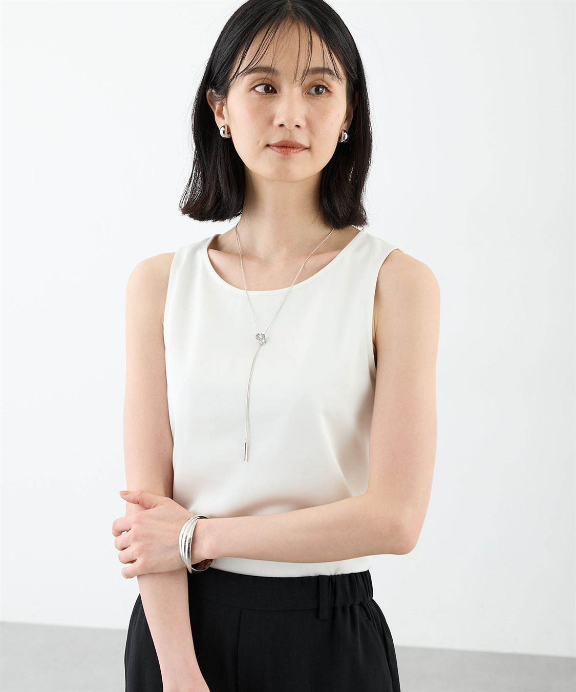 【※K】　タンクトップ　ホワイト+ブラック　Lサイズ 大きいサイズ レディース インナー隠しワッフルスクエアネック