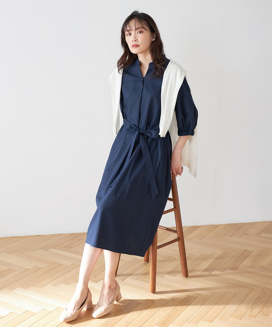 Manon ネイビー リネン複合ポプリン ワンピース Manon ネイビー リネン複合ポプリン ワンピース Manon ネイビー