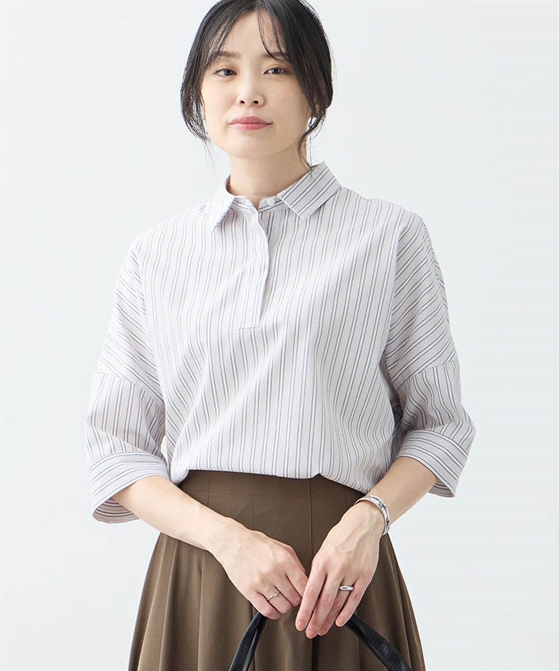 美品】23区 長袖ブラウス ストライプ スキッパー 白 サイズ40
