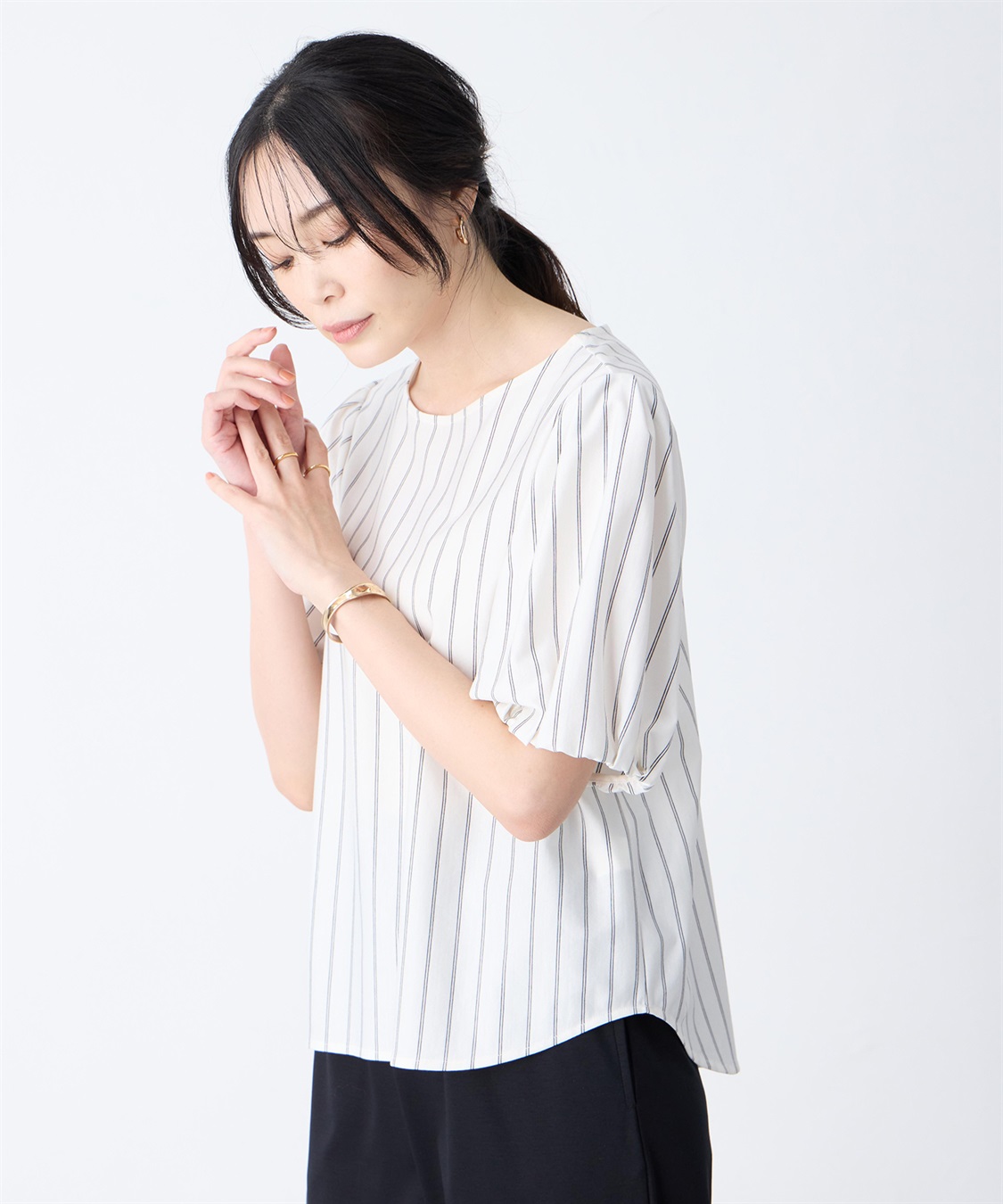 ✨美品＊CLOTH＆CROSS リネンブラウス　　ストライプ　M〜L martinique(マルティニーク)｜ストライプボウタイブラウス