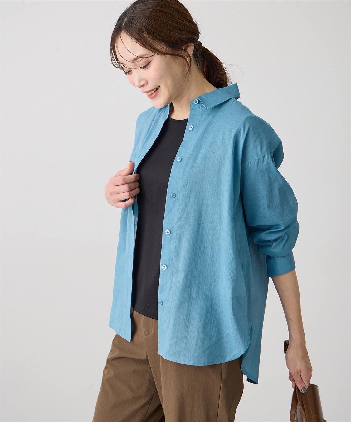 シナモン【美品】2019SS アサビックシャツ ブルー リネンミックスシアーシャツ A/C DESIGN BY ALPHA CUBIC｜クロスプラス