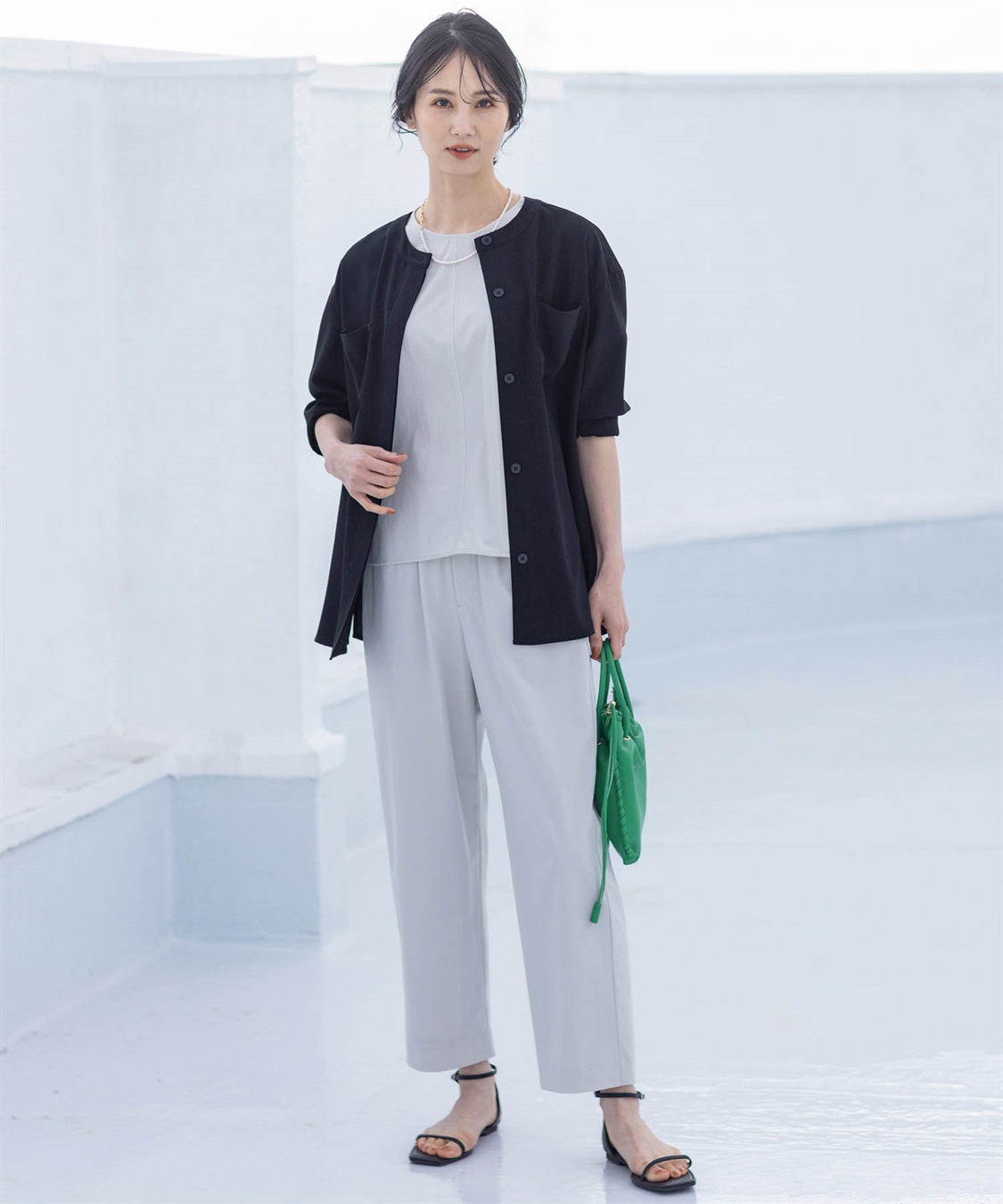 美品 UJOH カットオフジャケット オフィスカジュアル 変形 Lサイズ 水色 美スラッと（R）SUITS／PURE ジャケット EAJ