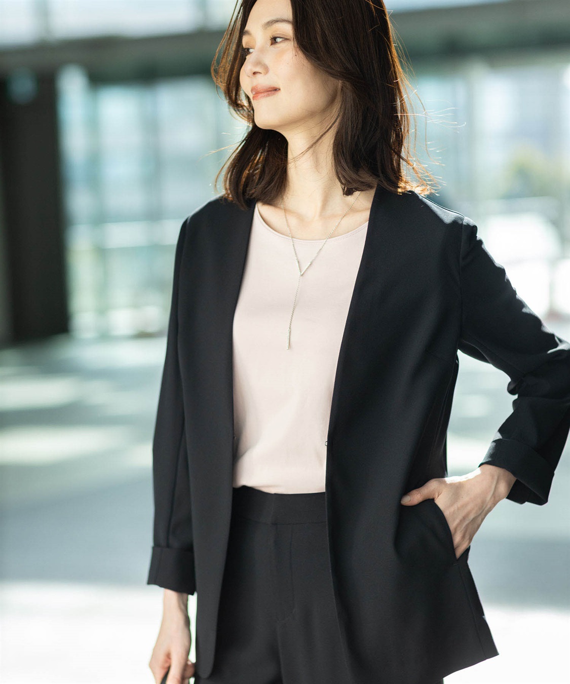 A/C DESIGN BY ALPHA CUBIC ストレッチジョーゼットカラーレスジャケット【接触冷感・UVカット・吸水速乾・セットアップ対応】_sub_2