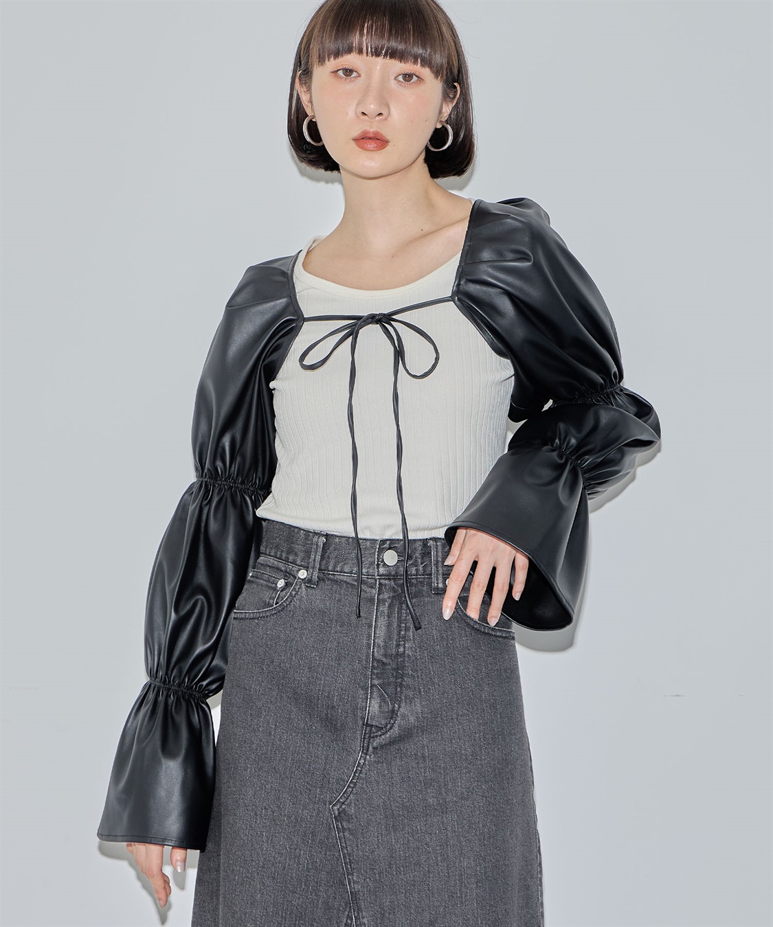 ミルフィーユ姫袖ボレロ ヴィーガンレザー付け袖ボレロ ELLEgirl｜クロスプラス公式通販