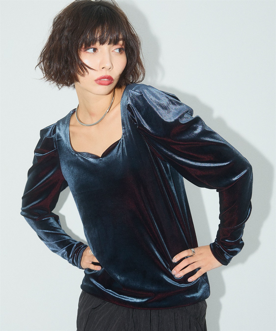 ELLEgirl 配色ベロアパフスリーブトップス_sub_2