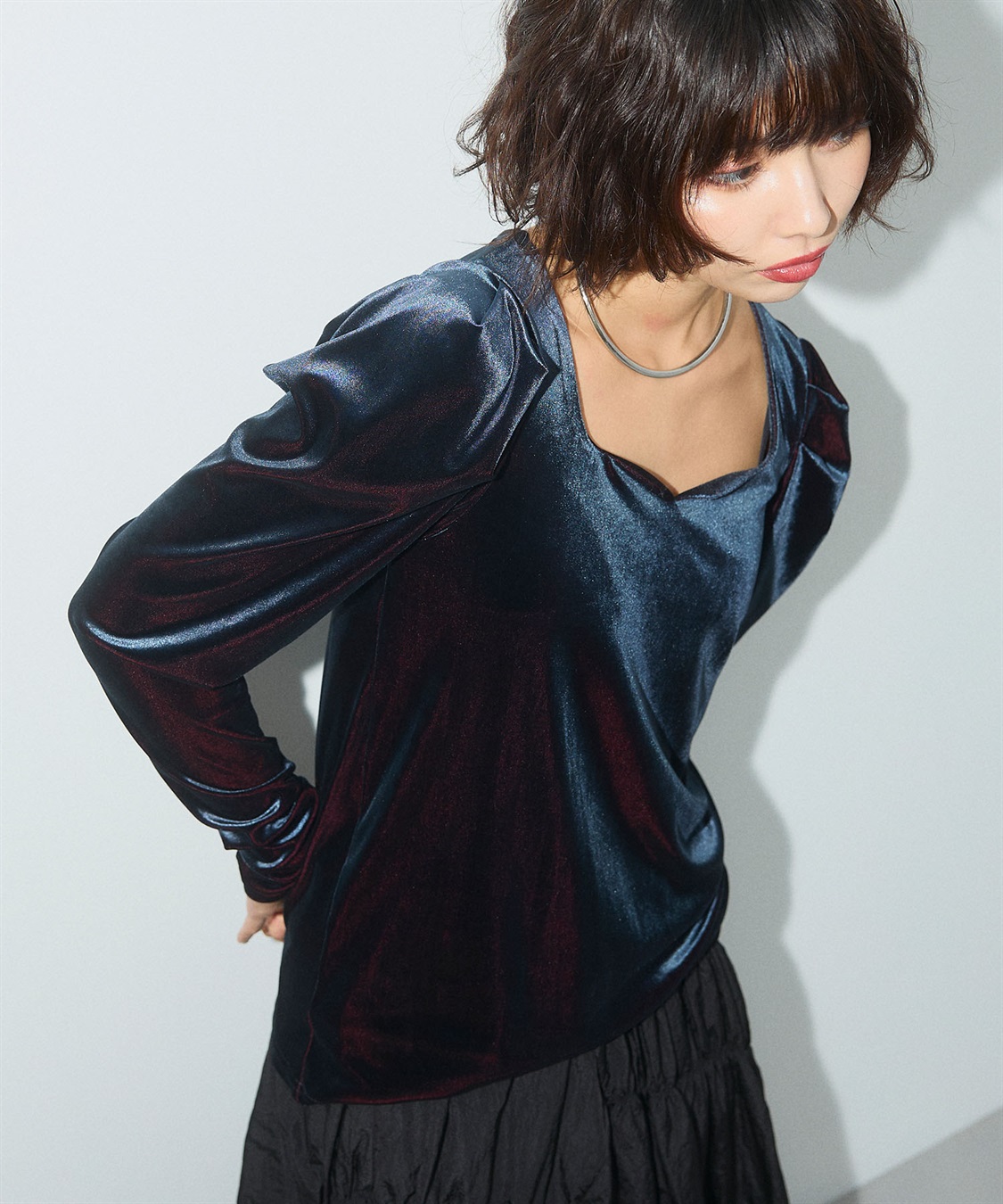 ELLEgirl 配色ベロアパフスリーブトップス_sub_3