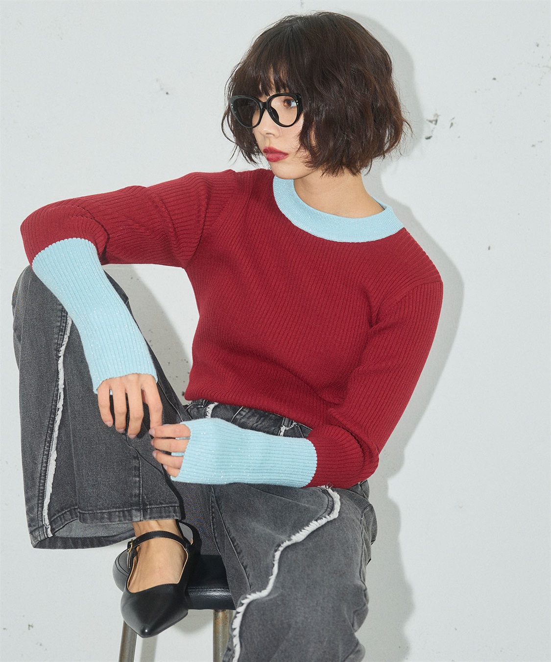 ELLEgirl 配色ラメリブハイネックニットトップス_sub_4