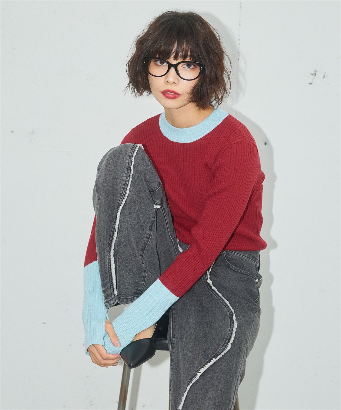 ELLEgirl 配色ラメリブハイネックニットトップス_sub_5