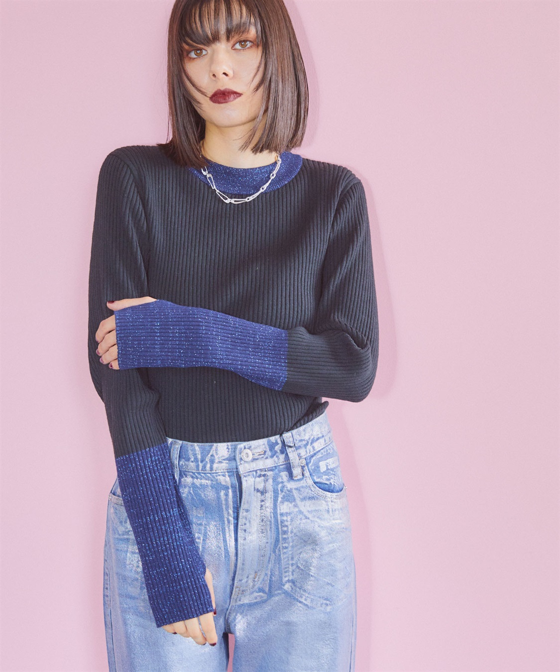 ELLEgirl 配色ラメリブハイネックニットトップス_sub_27