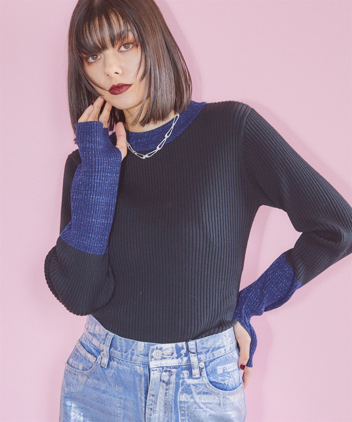 ELLEgirl 配色ラメリブハイネックニットトップス_sub_28