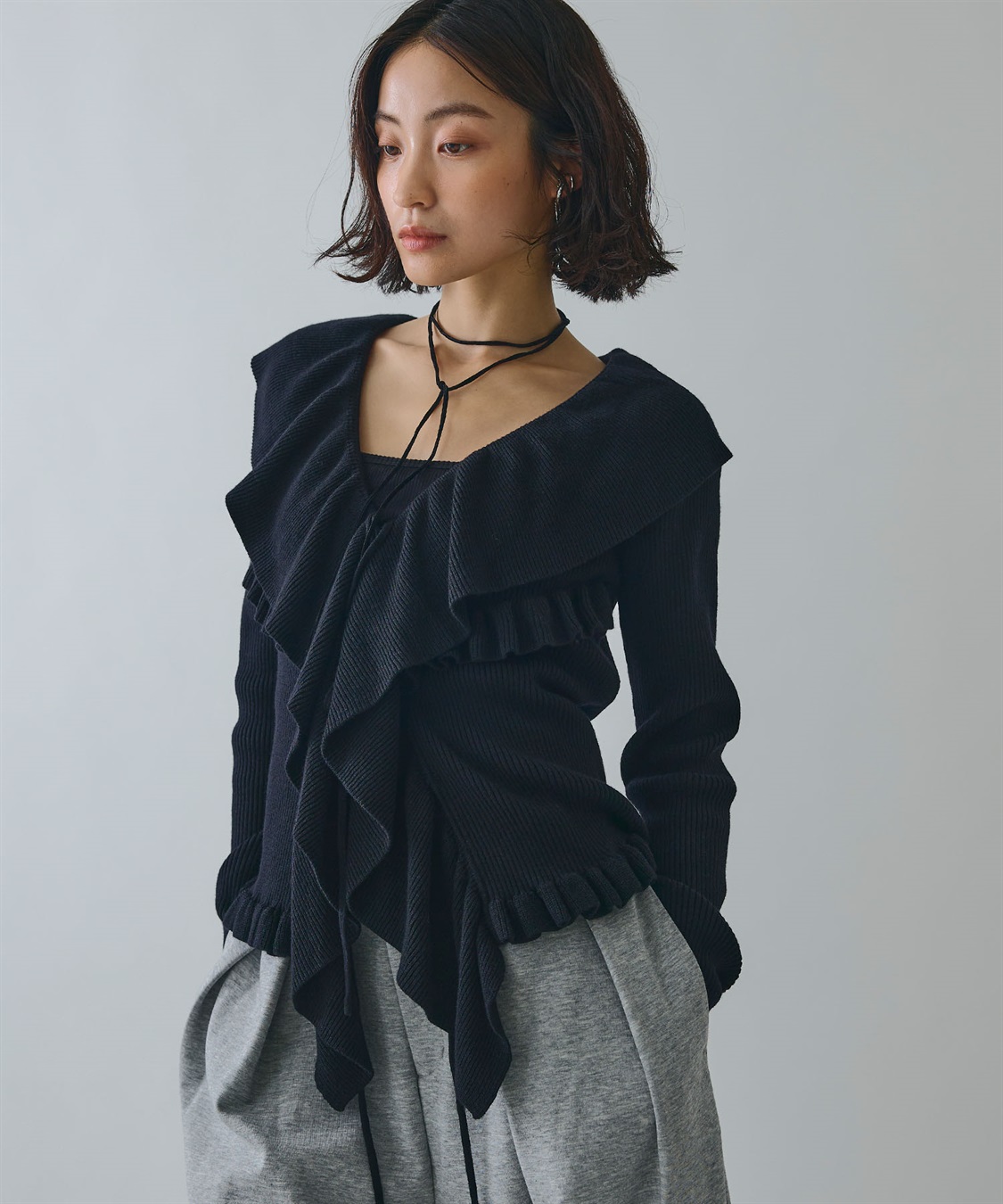 ラッフルカラーリブニットカーディガン ELLEgirl｜クロスプラス