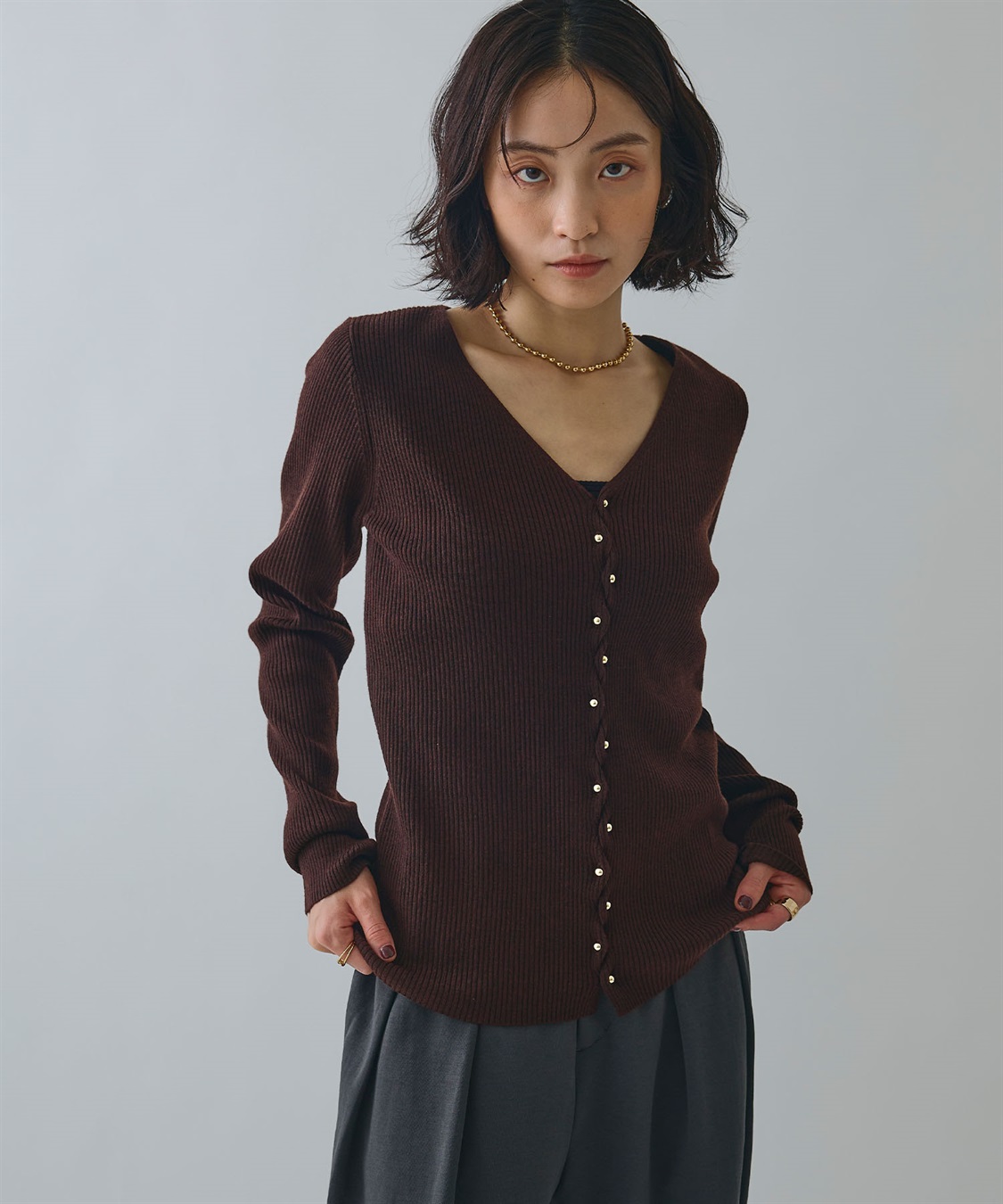 ELLEgirl メタル釦Vネックリブカーディガン_sub_4