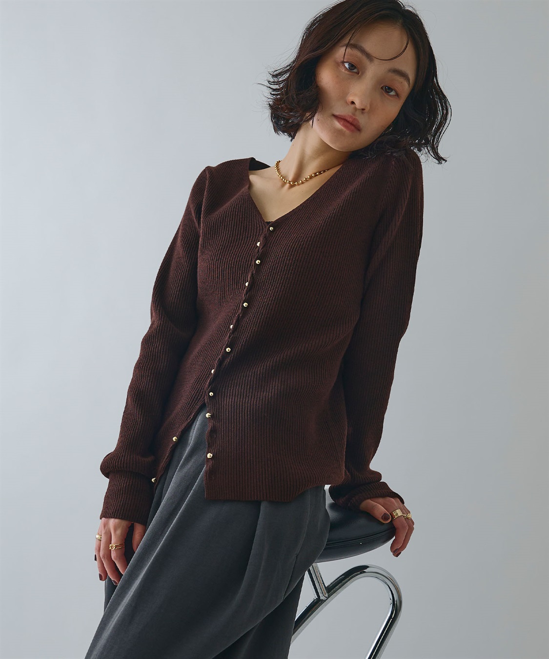ELLEgirl メタル釦Vネックリブカーディガン_sub_7