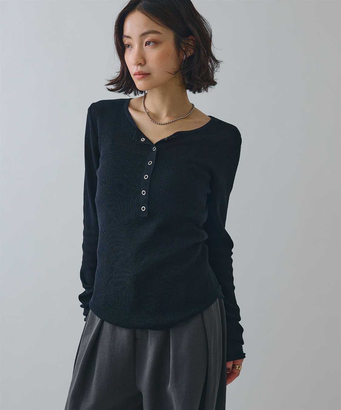 ELLEgirl ヘンリーネックシアーリブトップス_sub_2
