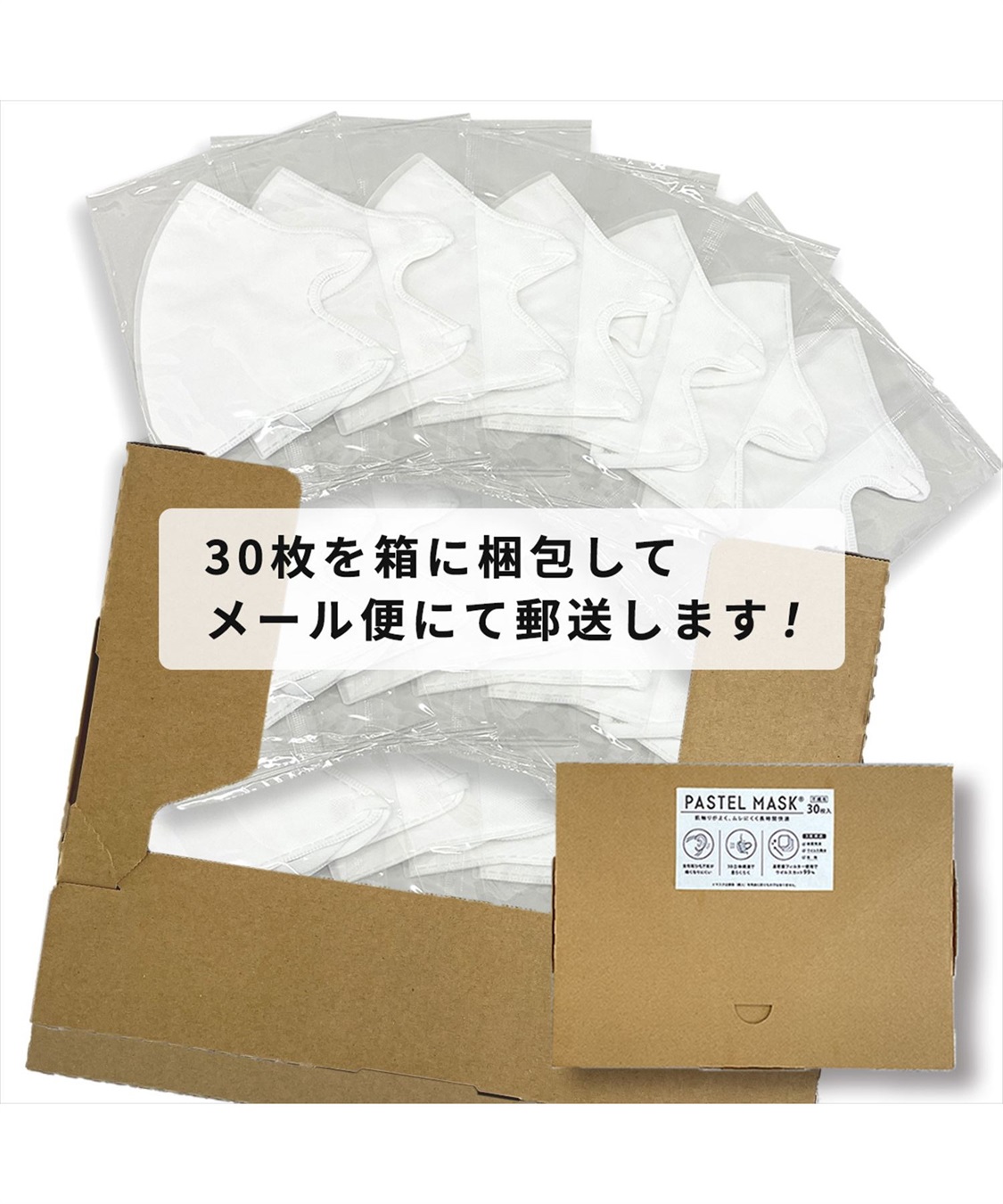 PASTEL MASK PASTELMASK 不織布 30枚セット 個包装使い捨て立体マスク シルクタッチ生地 肌にやさしい BFE PFE VFE 99％カット 美シルエット 三層構造_sub_2