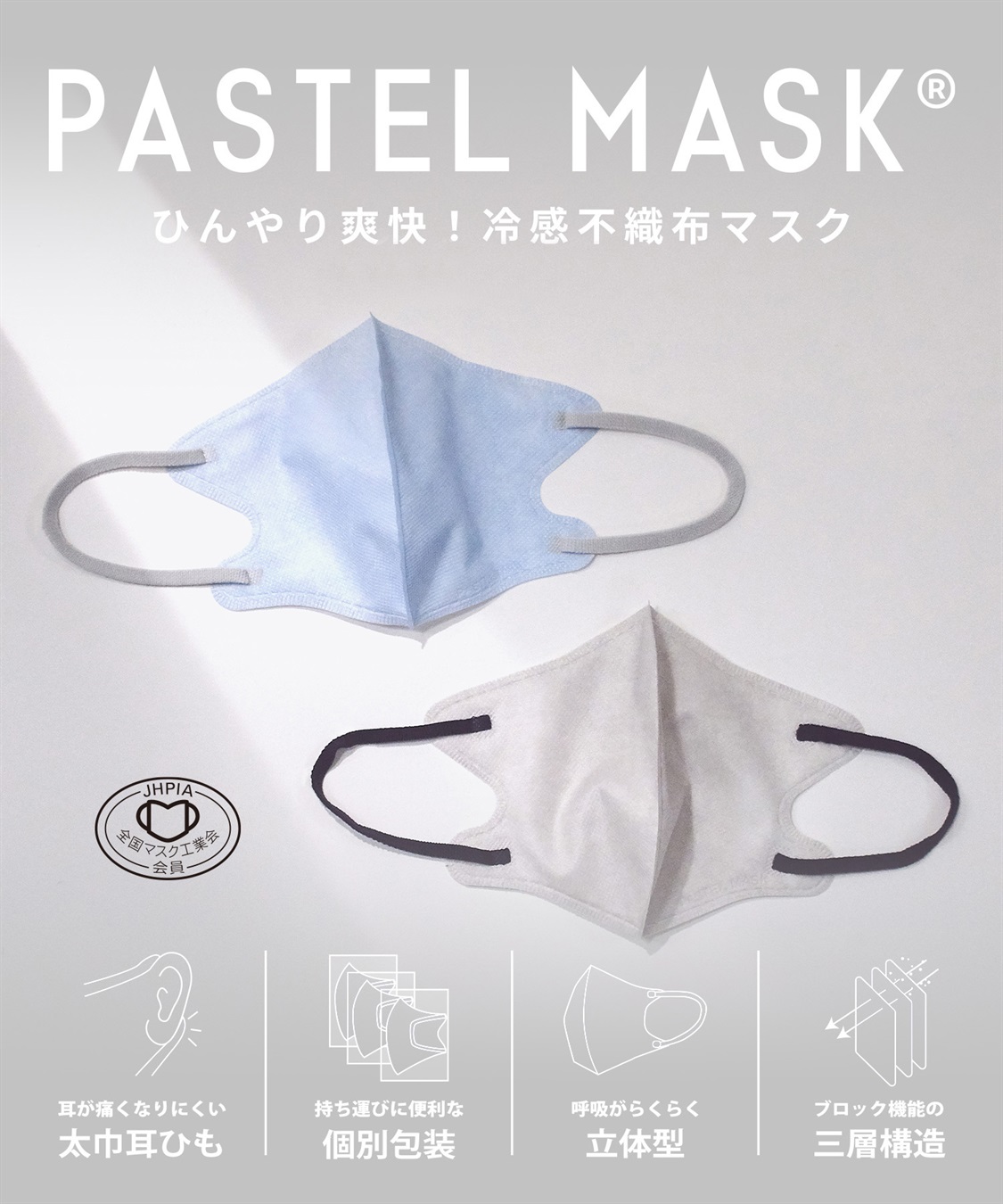 PASTEL MASK PASTELMASK 不織布COOL 30枚セット 個包装使い捨て立体マスク BFE PFE VFE 99％カット 美シルエット 三層構造_sub_1