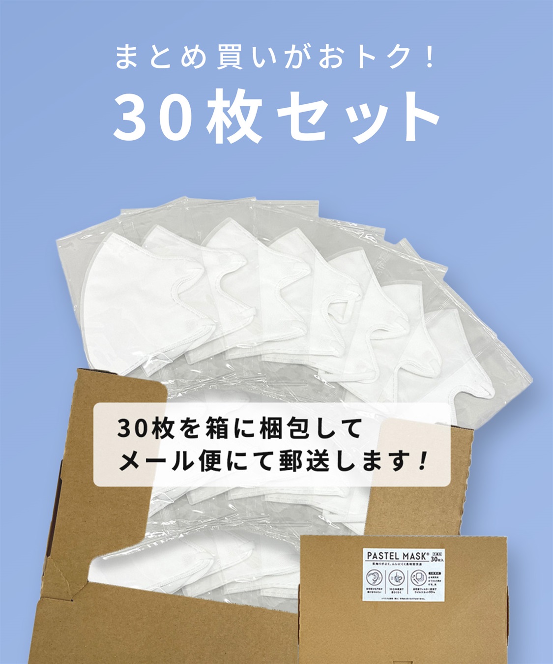 PASTEL MASK PASTELMASK 不織布COOL 30枚セット 個包装使い捨て立体マスク BFE PFE VFE 99％カット 美シルエット 三層構造_sub_6