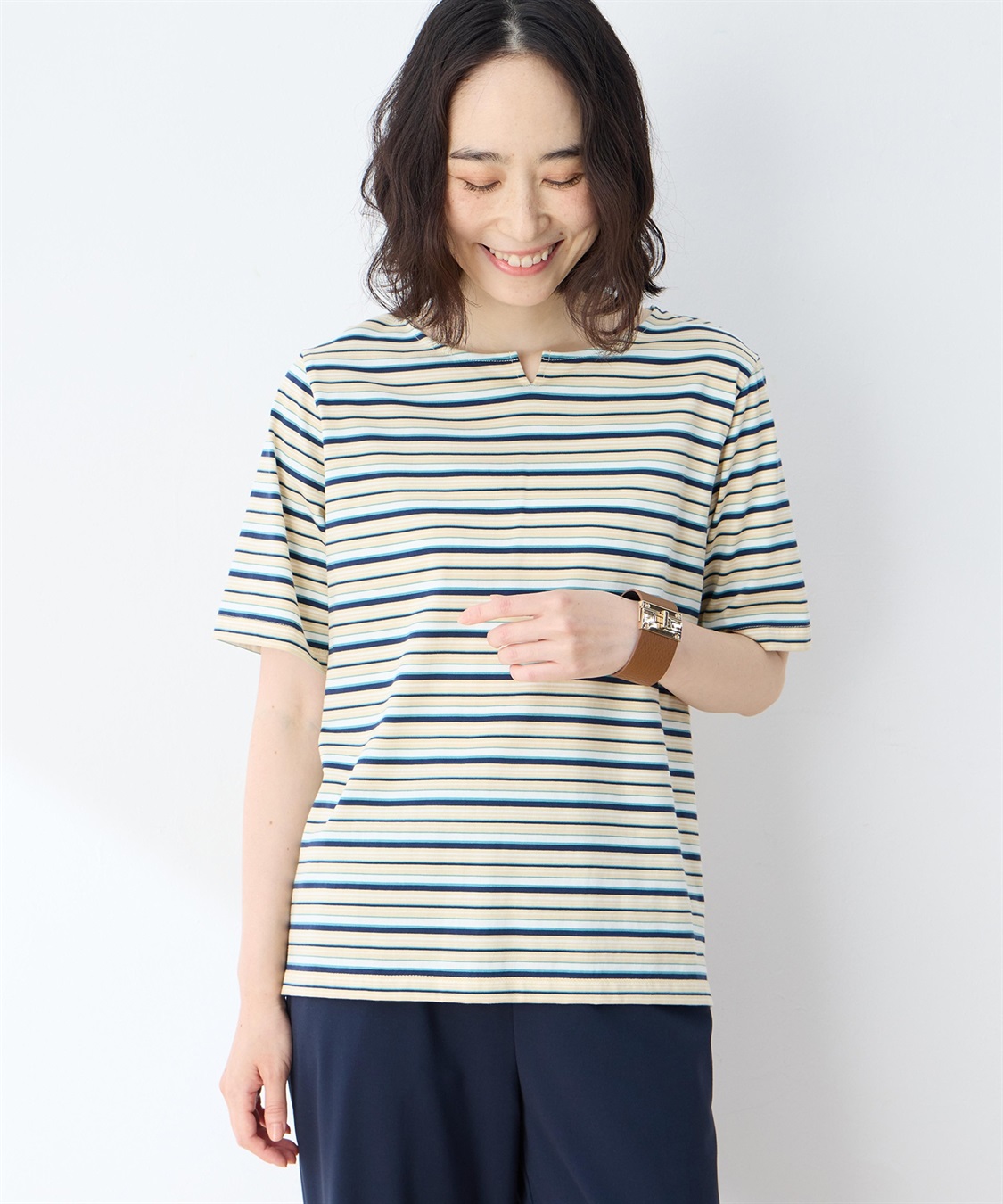 DECOY 【冷感】【UVカット】ひやさらコットンプレミアムマルチボーダーＴシャツ_sub_1