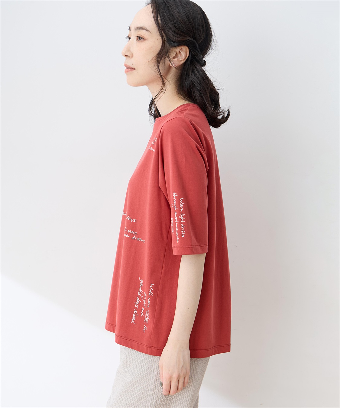 DECOY 【ひやさらコットン】メッセージプリントバックタック6分袖Tシャツ【綿100％・接触冷感・UVカット】_sub_1