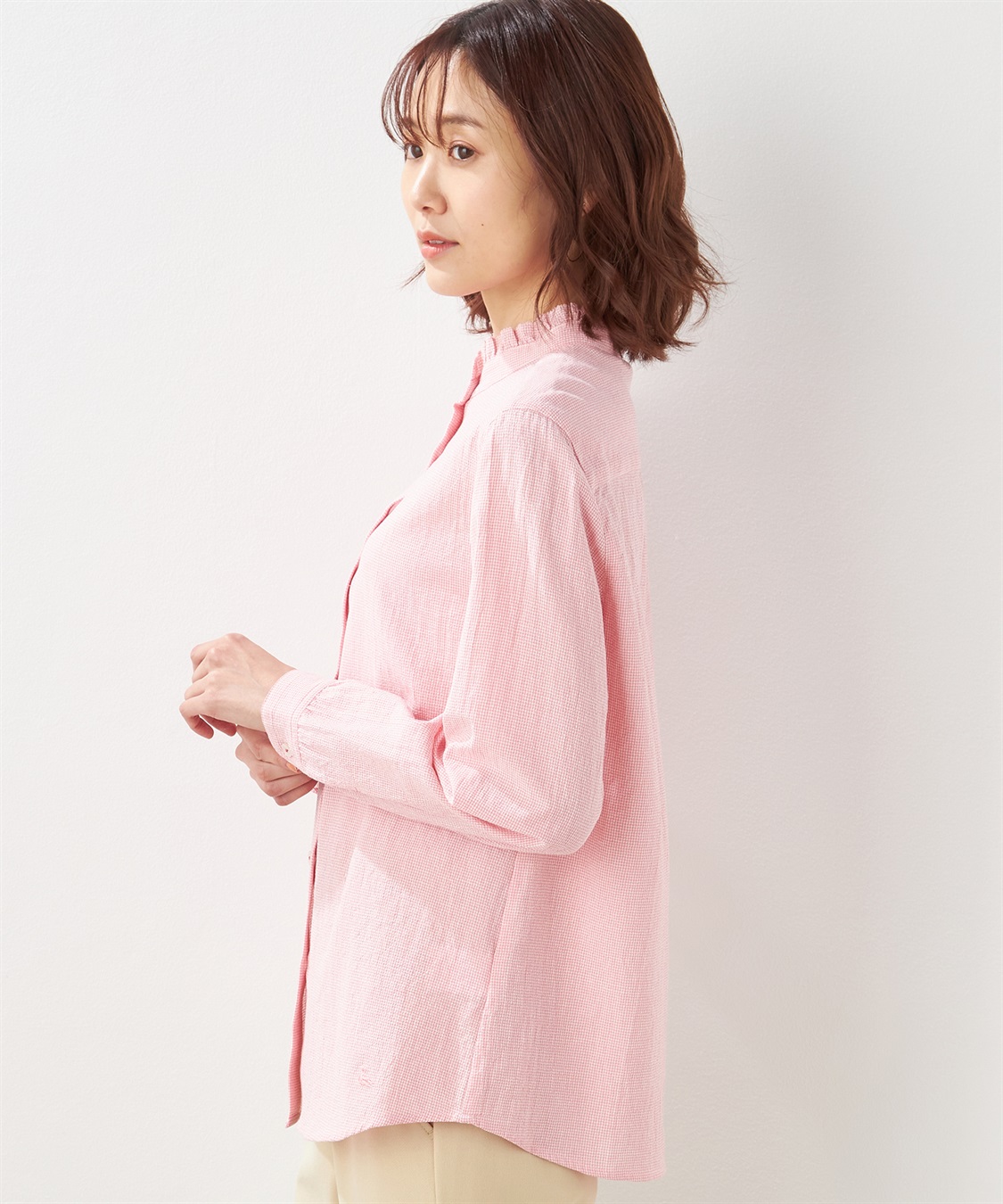 DECOY 【オーガニックコットン】ミニチェック襟フリルブラウス_sub_1