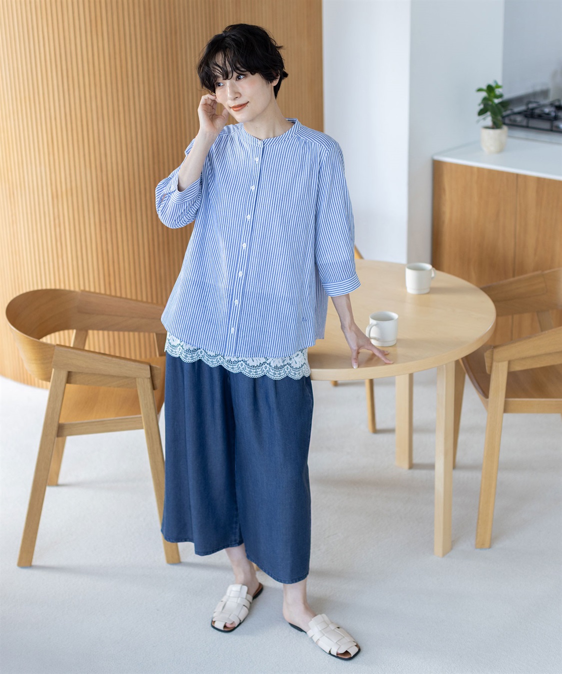 デニムタックワイドパンツ【接触冷感・後ろウエストゴム】 DECOY