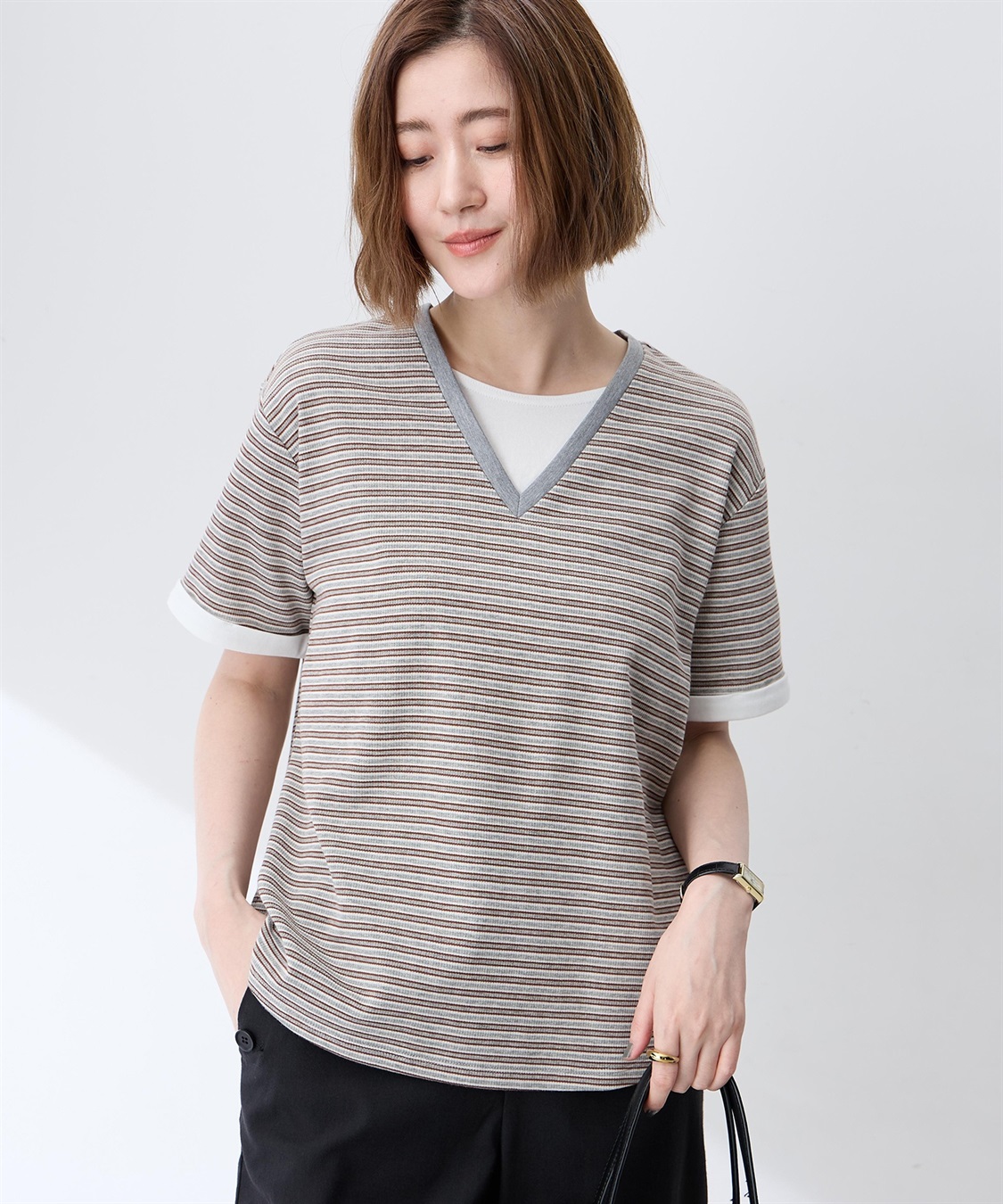 Petit Honfleur レイヤード風ボーダーVネックTシャツ_sub_3