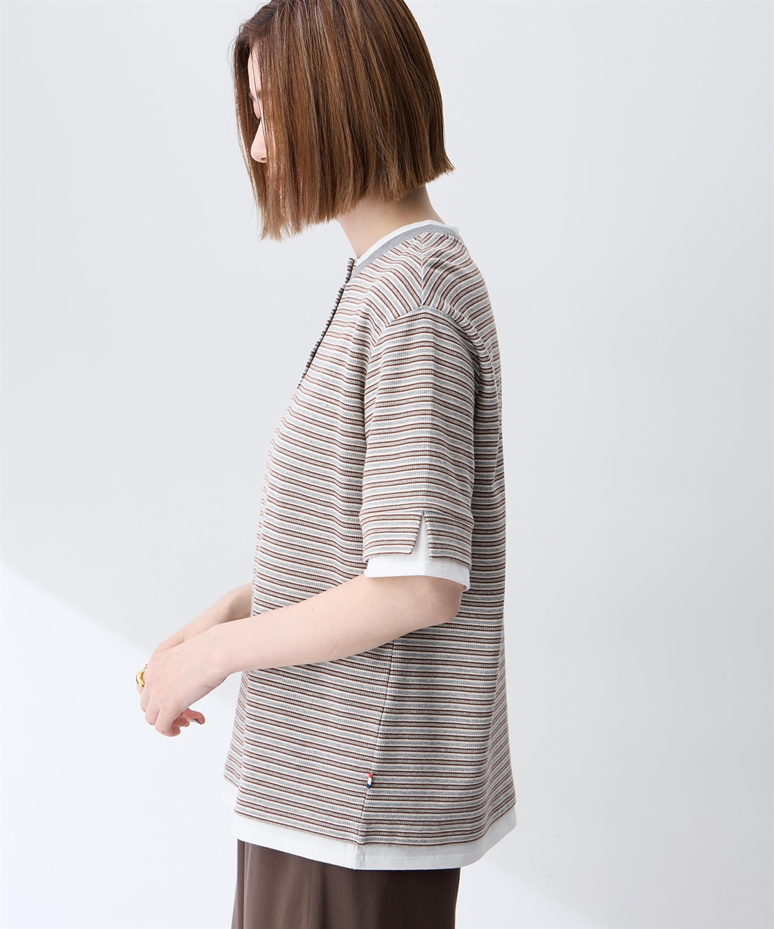 Petit Honfleur レイヤード風ヘンリーネックボーダーTシャツ_sub_1