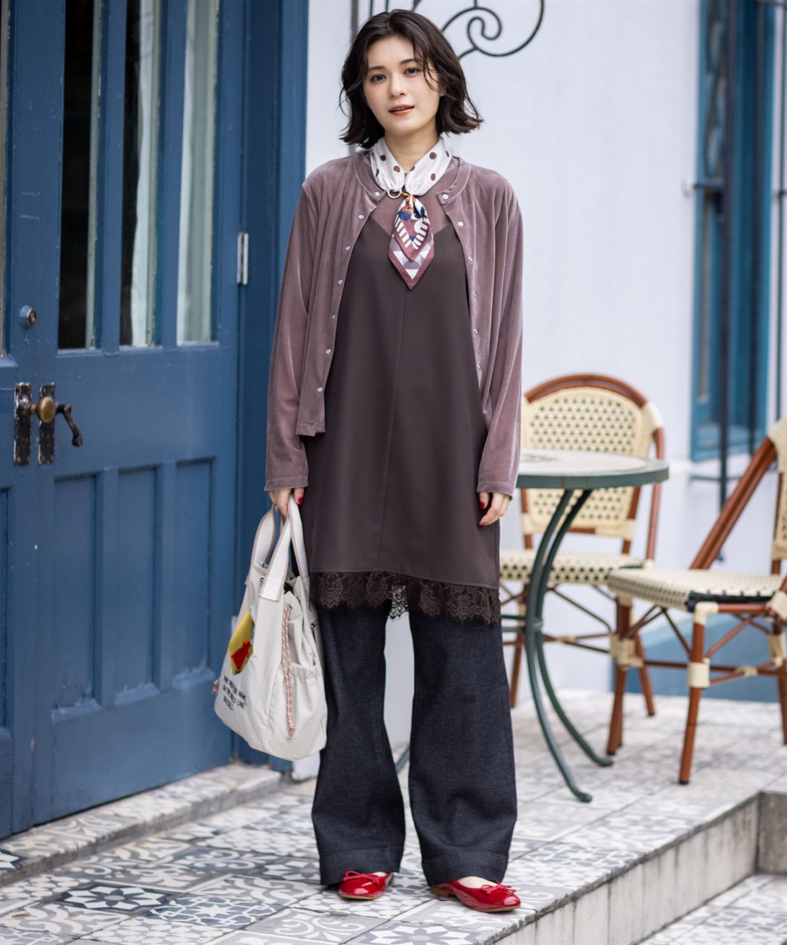 Petit Honfleur 【アンサンブル2点セット】ベロアクルーネックカーディガン＆ベロア5分袖Tシャツ_sub_11
