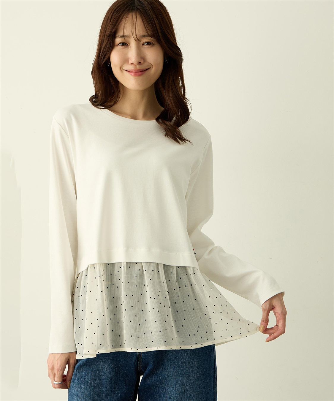 Petit Honfleur 裾切替レイヤードロングスリーブTシャツ【ドット・レース】_sub_2