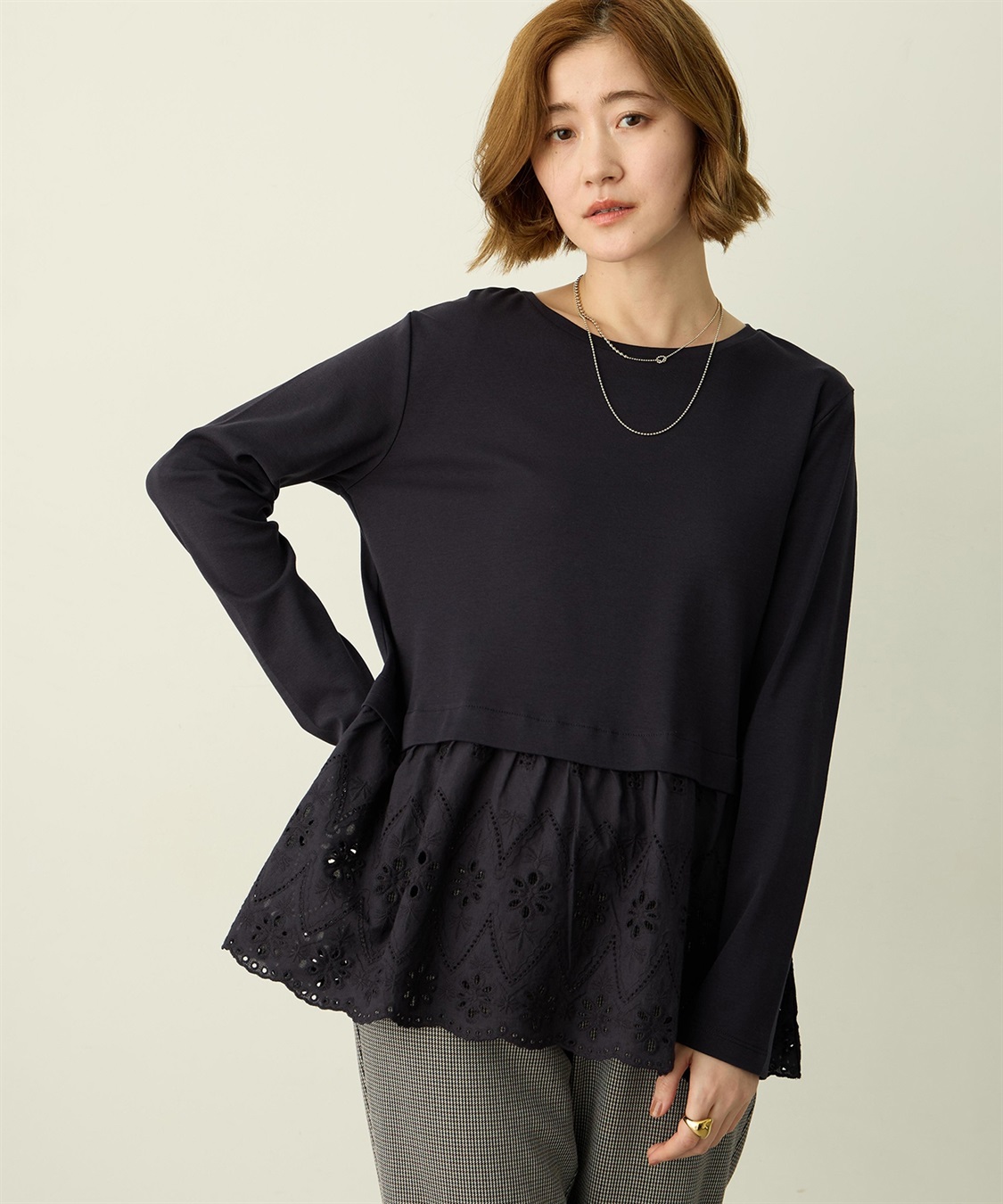 Petit Honfleur 裾切替レイヤードロングスリーブTシャツ【ドット・レース】_sub_5