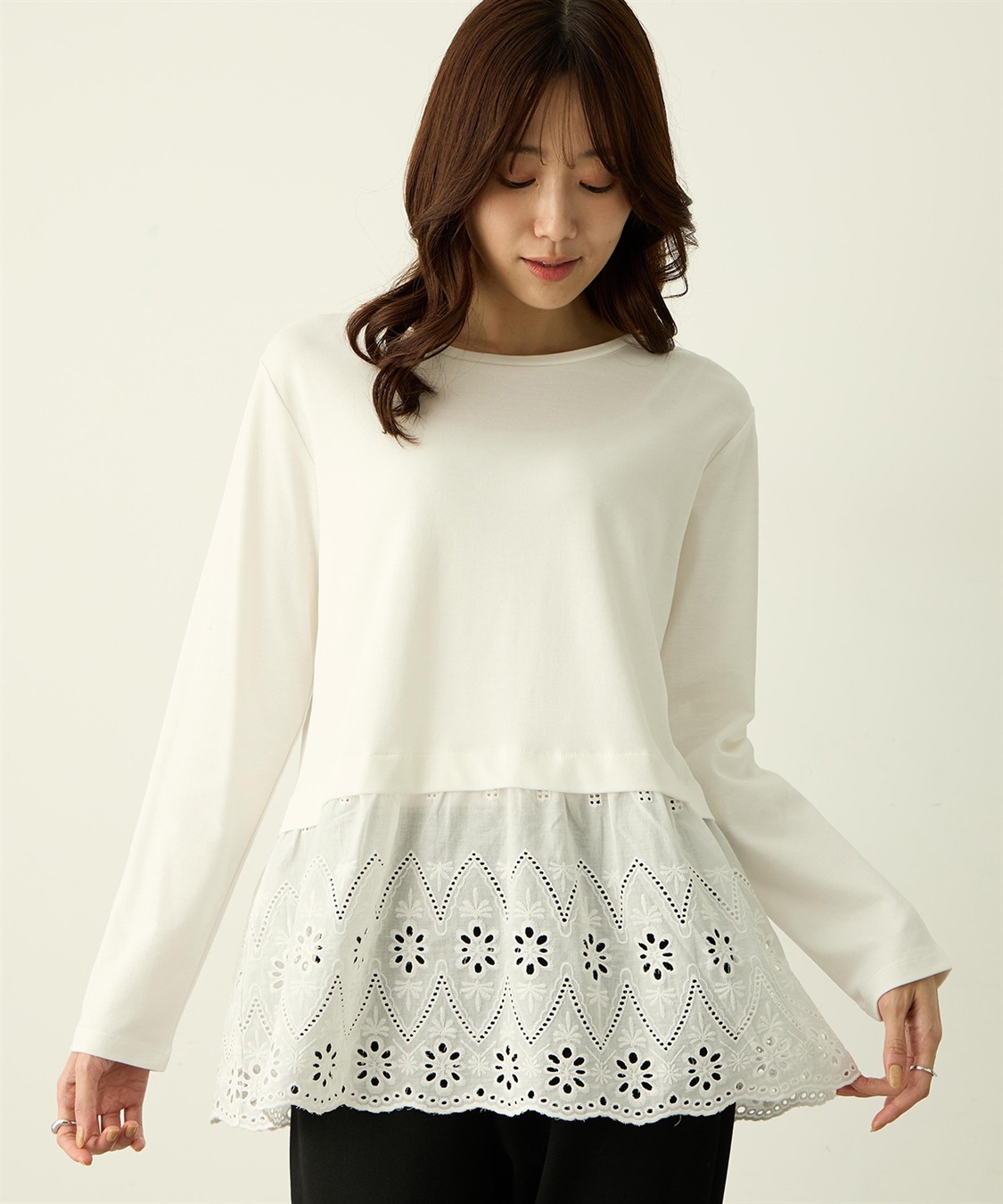 Petit Honfleur 裾切替レイヤードロングスリーブTシャツ【ドット・レース】_sub_10