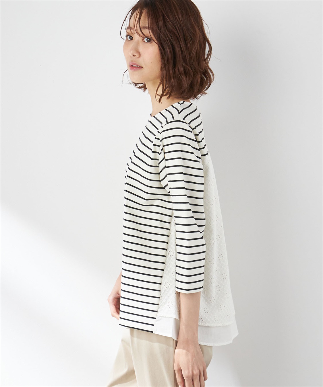 Petit Honfleur オーガニックコットンレース切替ボーダープルオーバー_sub_1