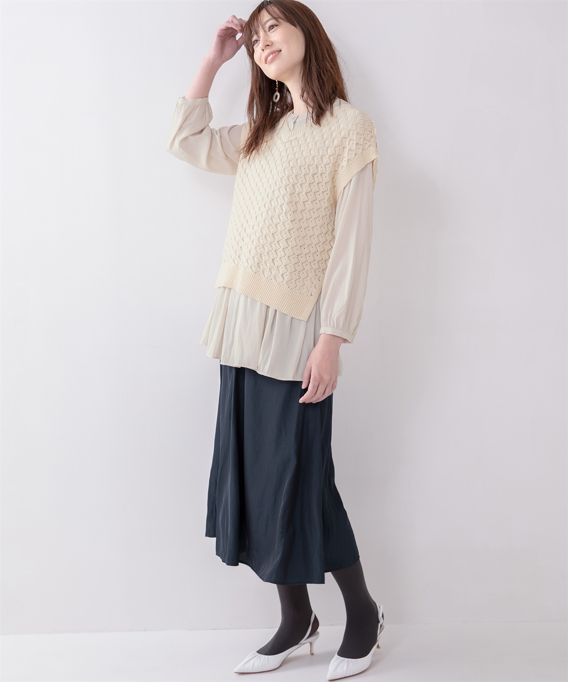 クロスアンドクロス美品片畦編み透かしリブVネックベスト クロスアンドクロス美品片畦編み透かしリブVネックベスト （リブ