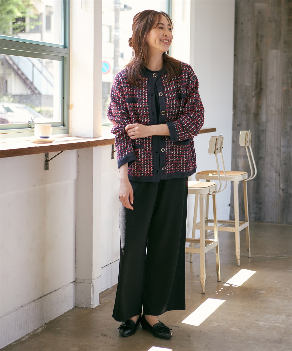 ツイード風チェックジャガードカーディガン Petit Honfleur｜クロス