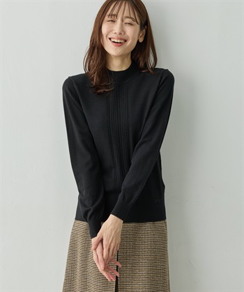 フロントケーブル編みハイネックニットプルオーバー【楽ちんニット