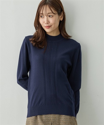 フロントケーブル編みハイネックニットプルオーバー【楽ちんニット