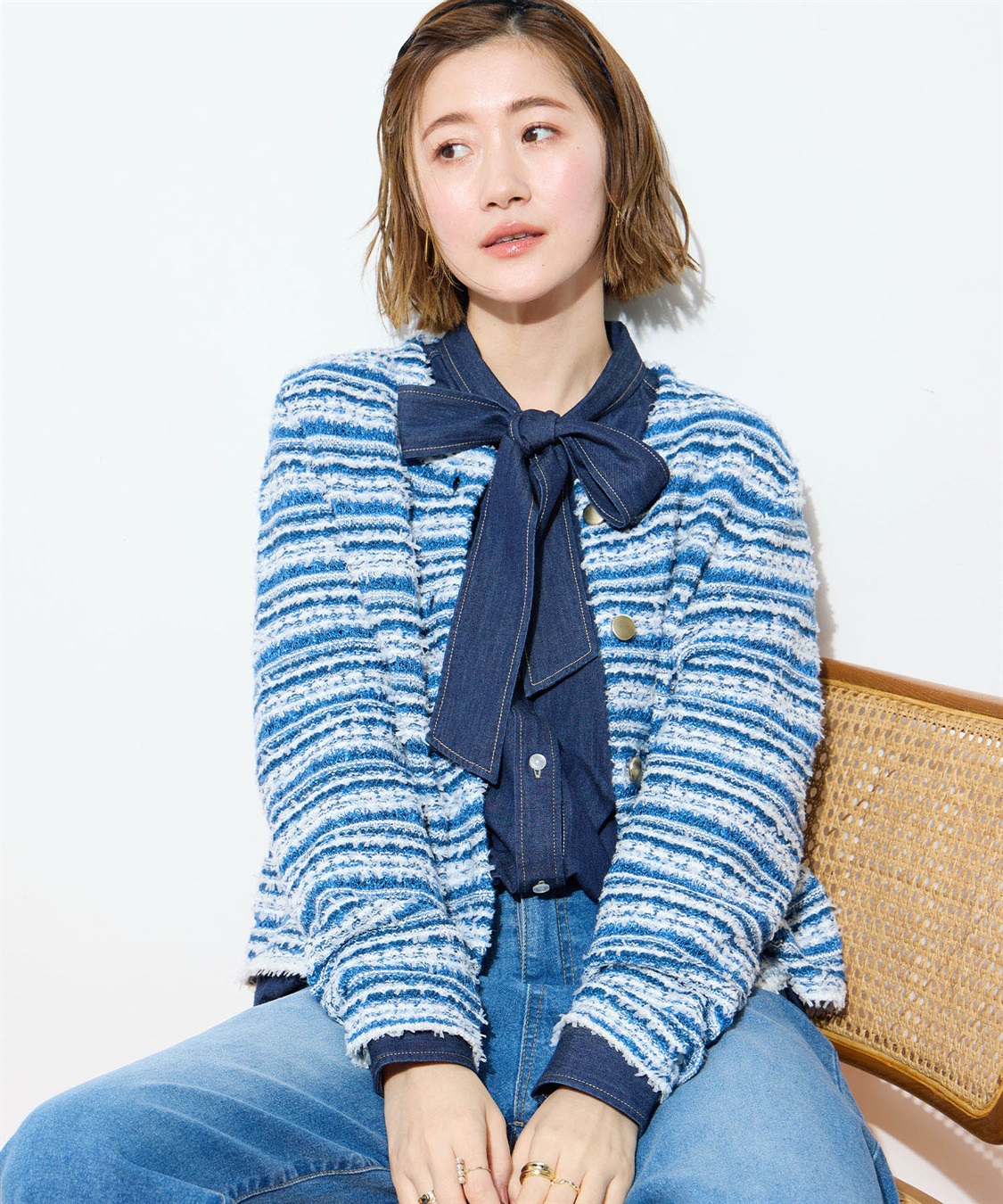 MOUSSY ネイビー ツイードカーディガン AZUL BY MOUSSY（アズールバイ