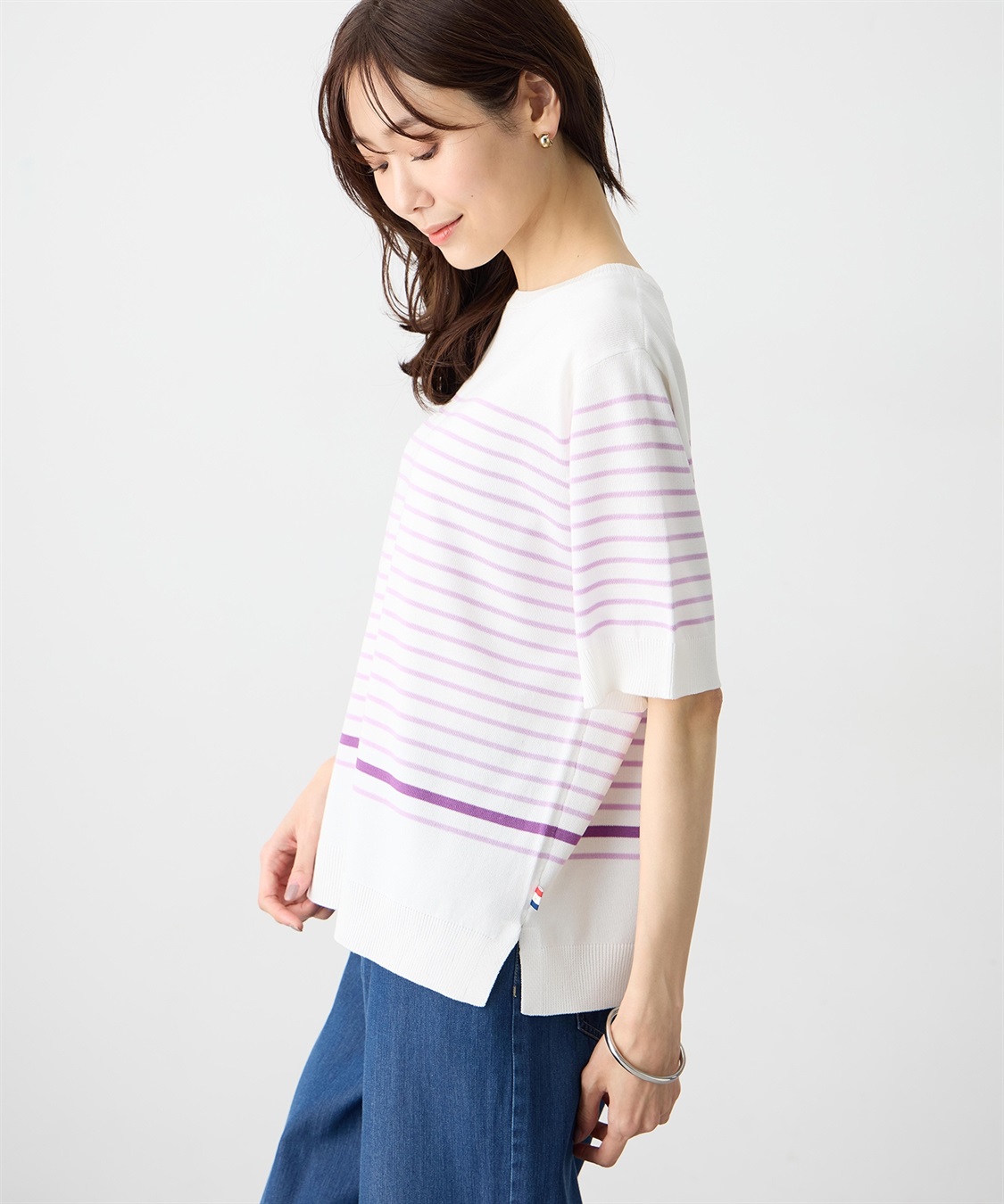 Petit Honfleur ハーフスリーブニットボーダープルオーバー【UVカット・接触冷感】_sub_1