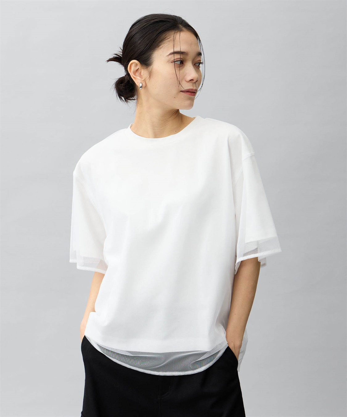 【えりんこ】袖ボリュームチュールＴシャツ ブラック 黒 Sサイズ GOLDJAPAN 大きいサイズ レディース トップス Tシャツ