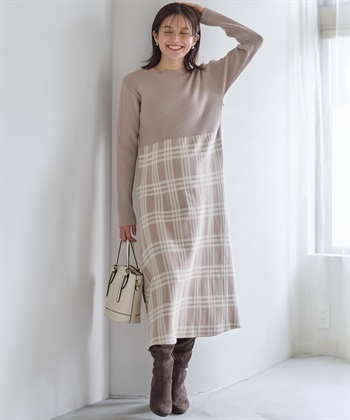 Rosemadame チェック柄切替ニットワンピース(マタニティ&授乳服）授乳口付き 授乳楽々 妊婦服 産前・産後対応_subthumb_1