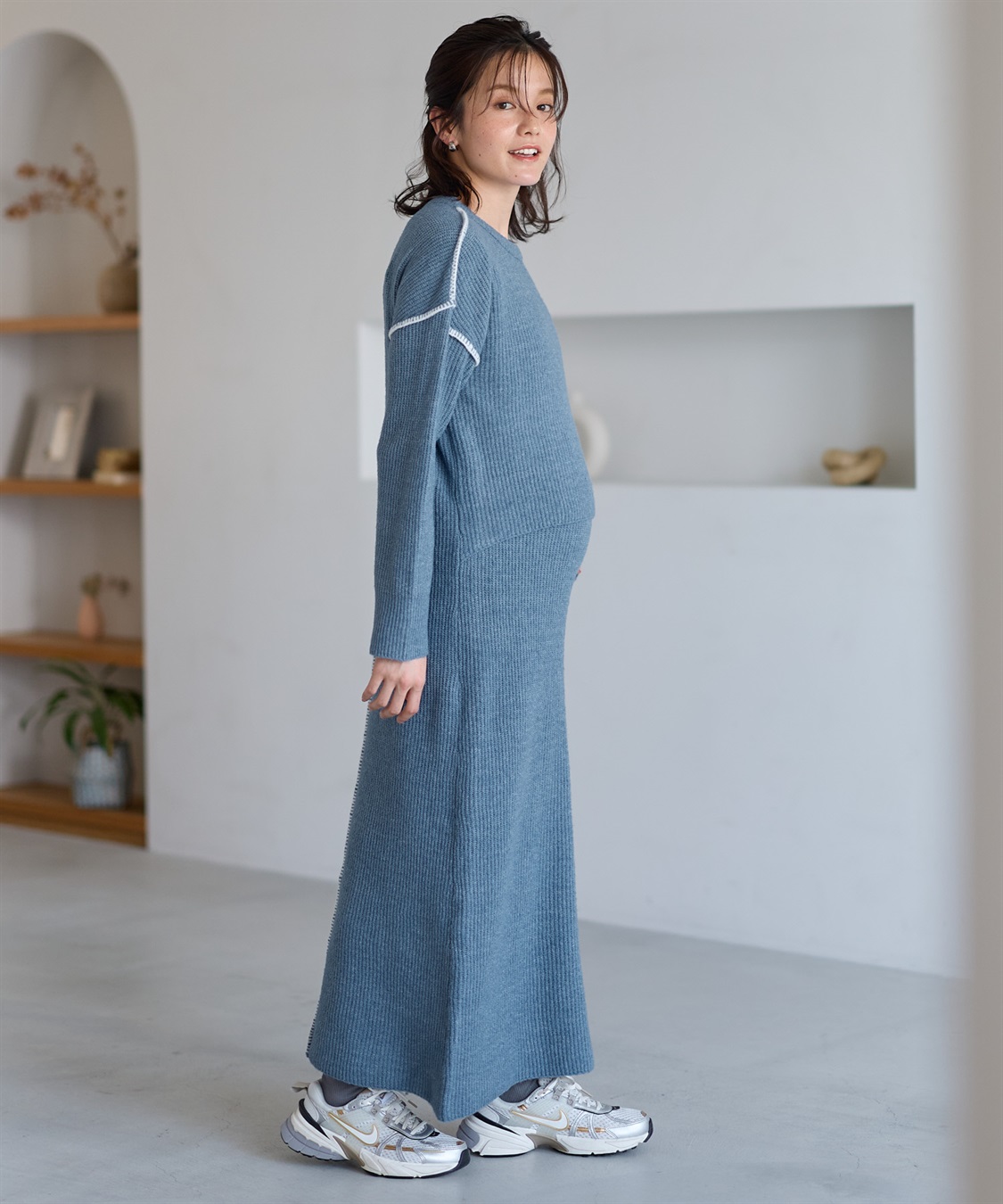 配色ステッチニットワンピース(マタニティ&授乳服）授乳口付き 授乳