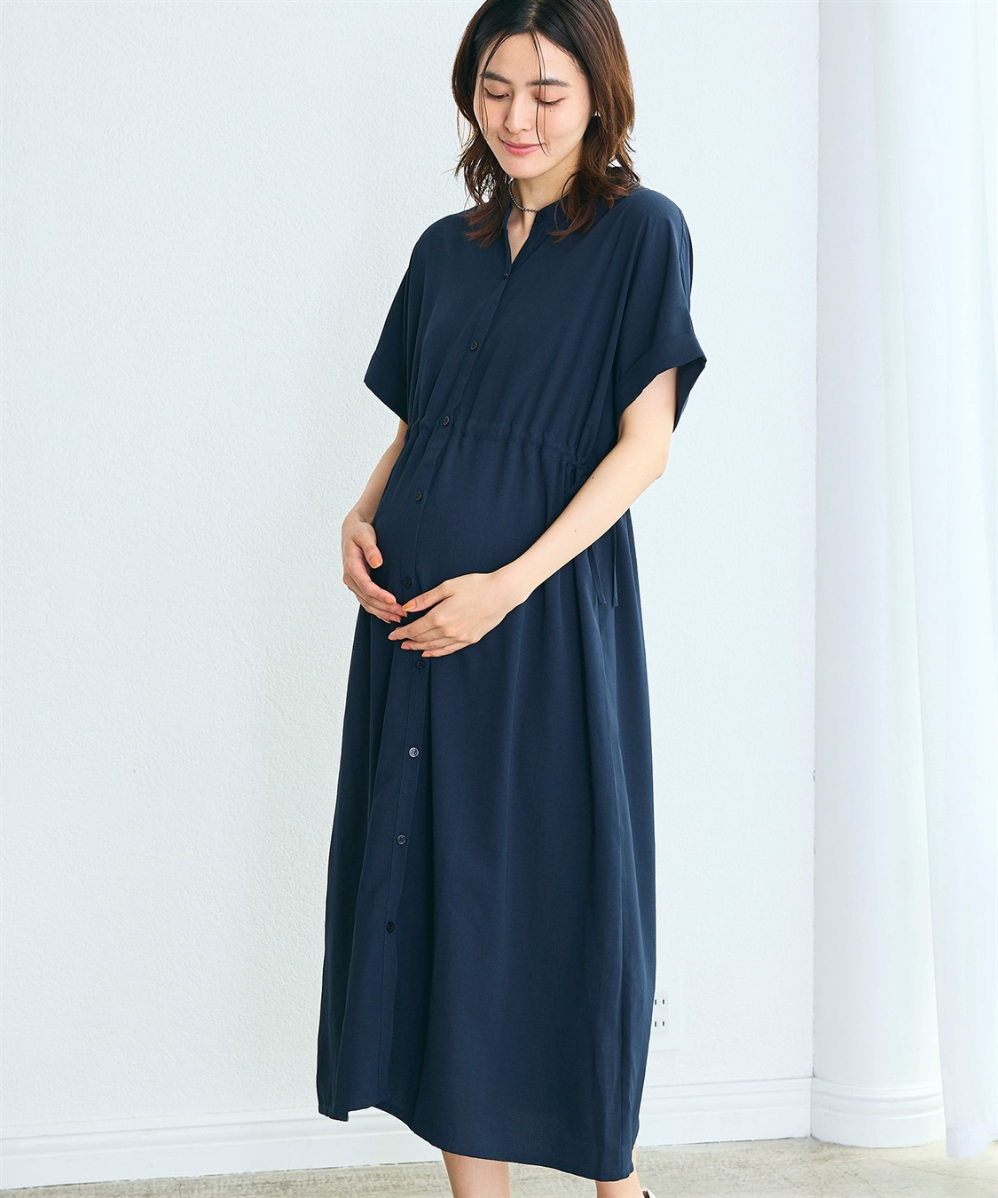 麻調合繊スキッパ― ドロストシャツワンピース（マタニティ/授乳服