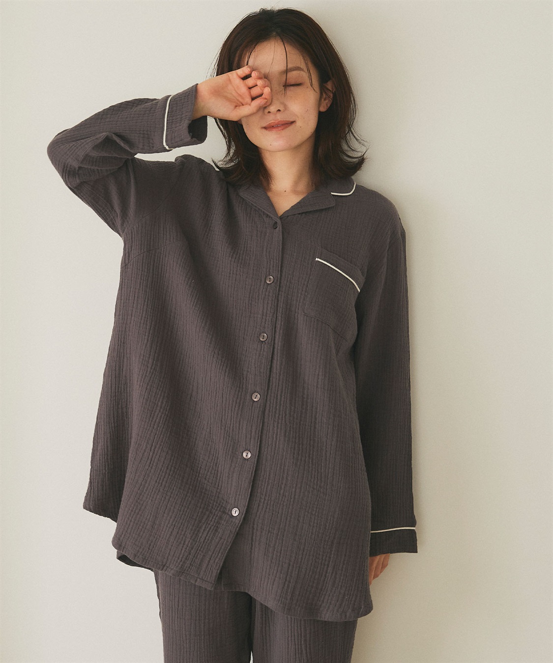 LAFUKU 【LAFUKU/ラフク】パイピングデザインダブルガーゼパジャマ綿100％《上下セット》_sub_1