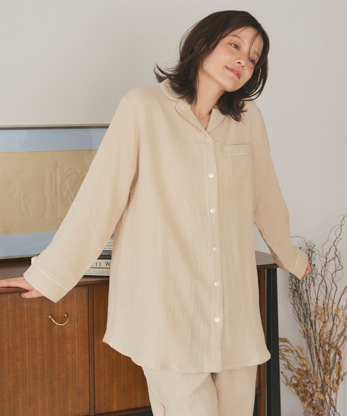 LAFUKU 【LAFUKU/ラフク】パイピングデザインダブルガーゼパジャマ綿100％《上下セット》_sub_2