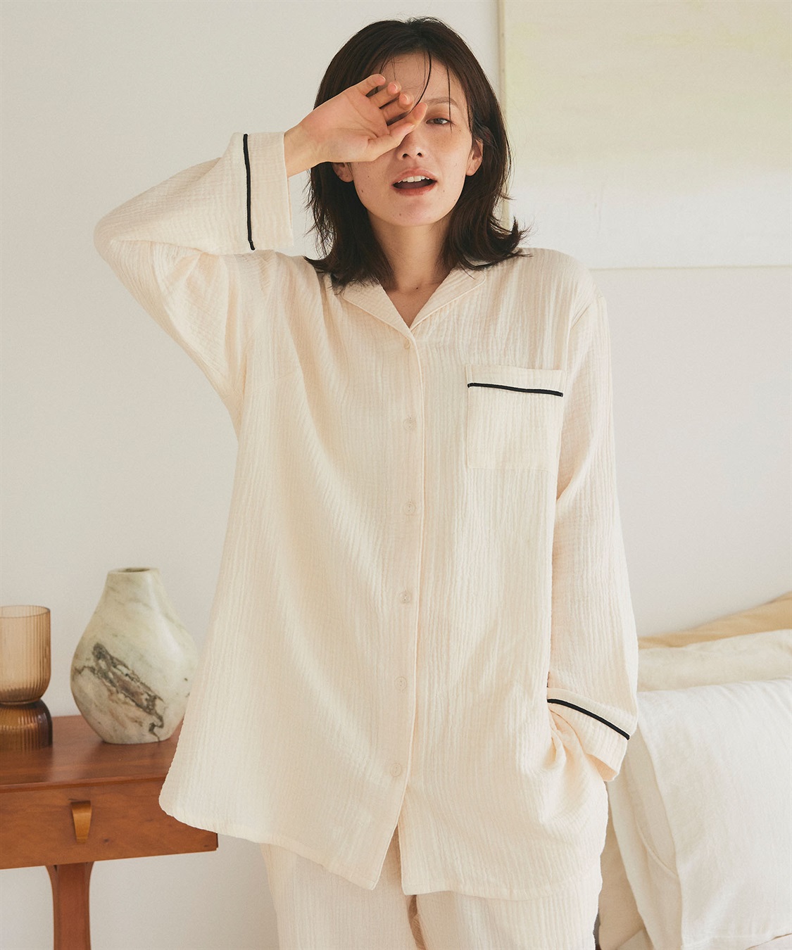 LAFUKU 【LAFUKU/ラフク】パイピングデザインダブルガーゼパジャマ綿100％《上下セット》_sub_3