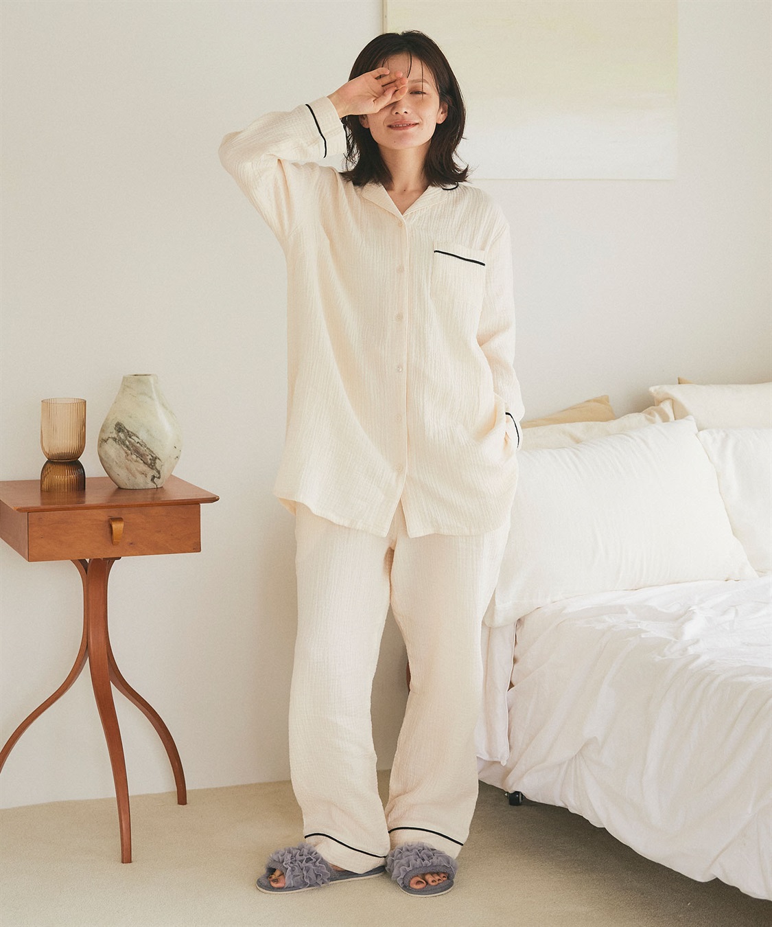 LAFUKU 【LAFUKU/ラフク】パイピングデザインダブルガーゼパジャマ綿100％《上下セット》_sub_6