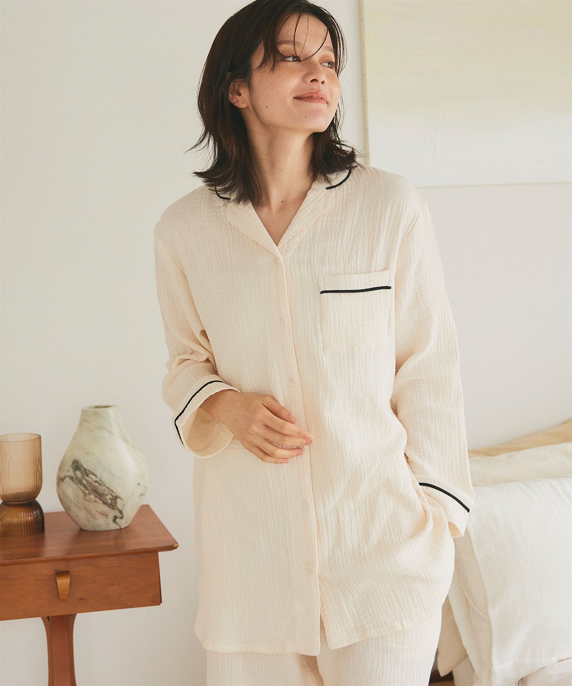 LAFUKU 【LAFUKU/ラフク】パイピングデザインダブルガーゼパジャマ綿100％《上下セット》_sub_7